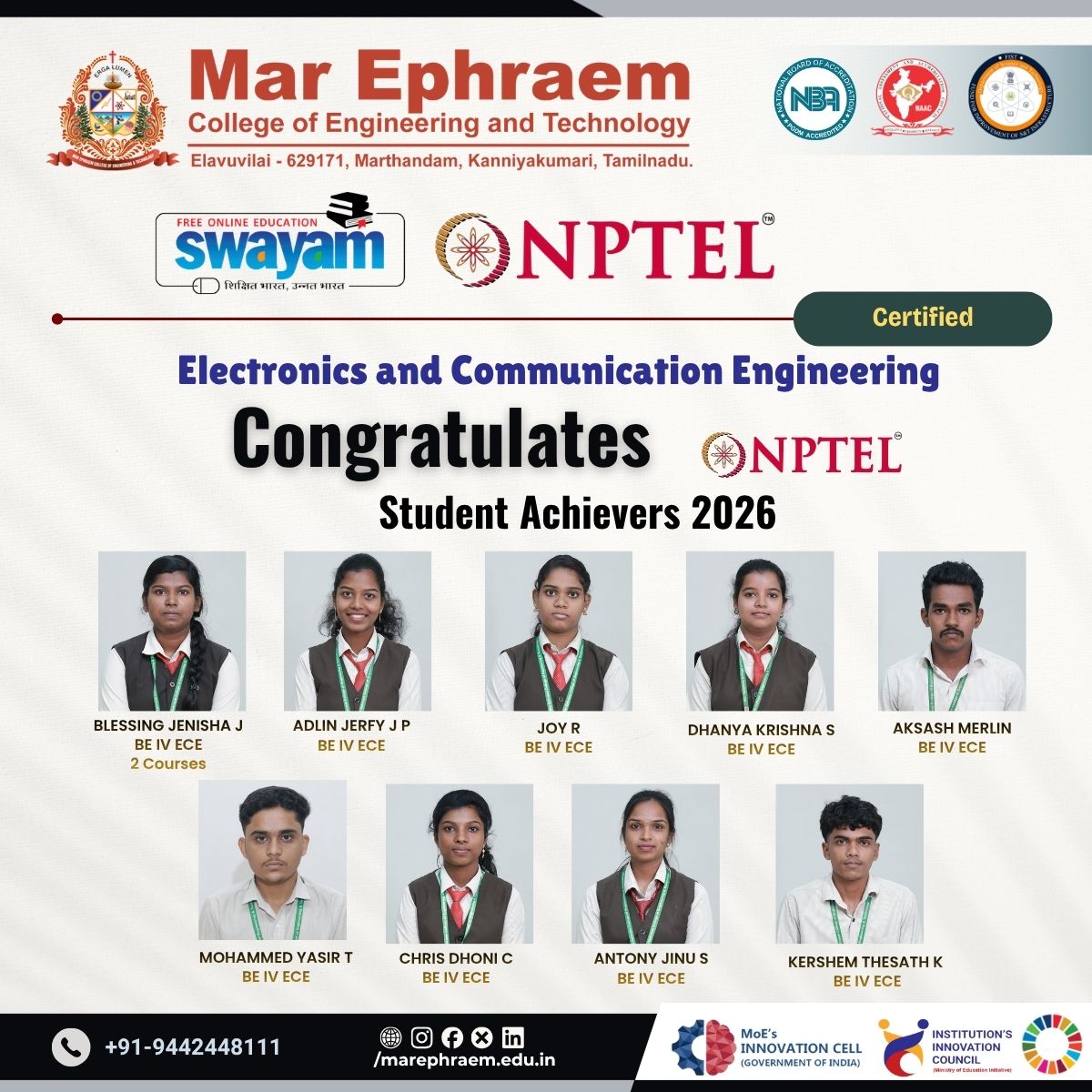 NPTEL / SWAYAM 2026 Student Achievers
