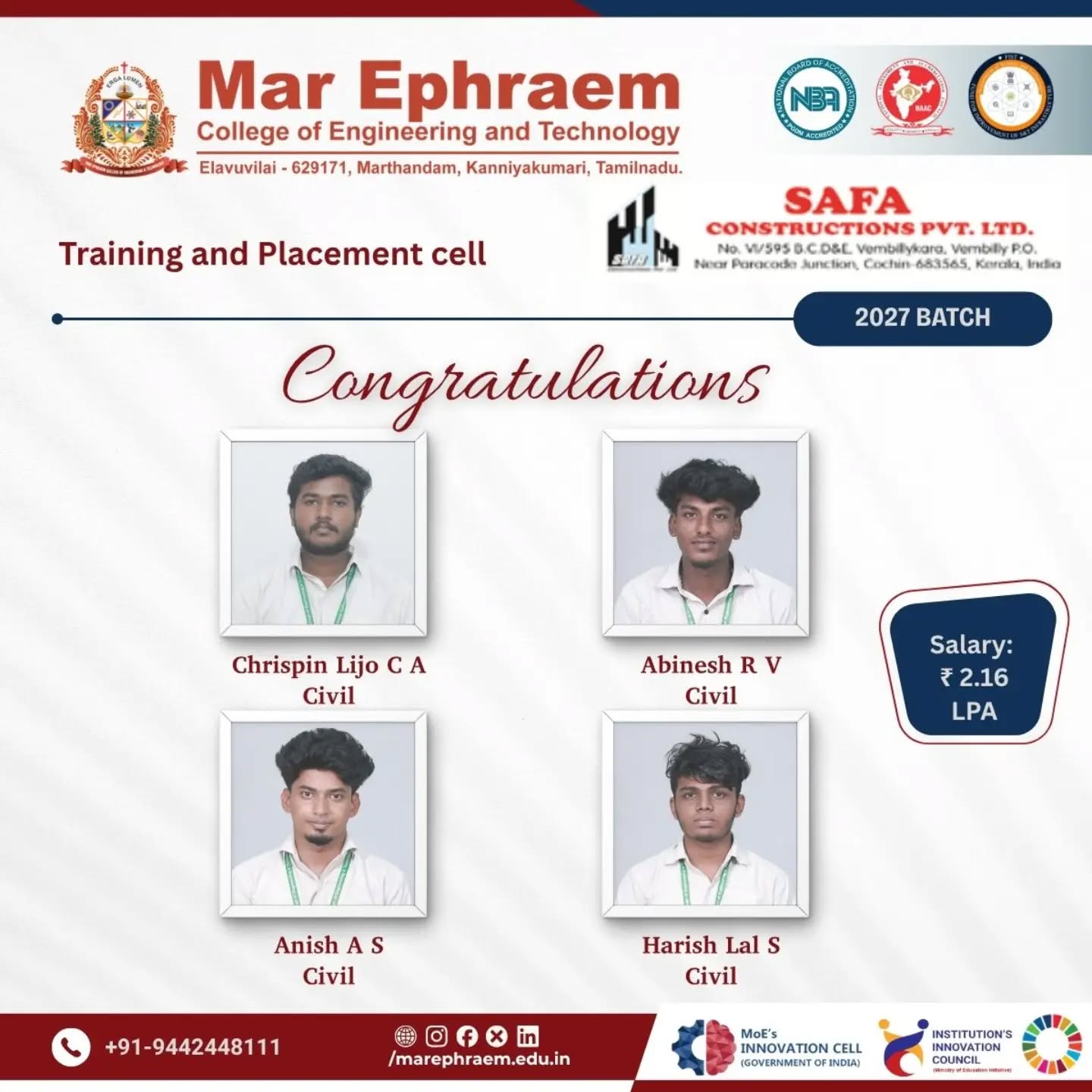 Huge congratulations to our Civil Engineering stars (2027 Batch) for getting placed at Safa Constructions Pvt. Ltd.