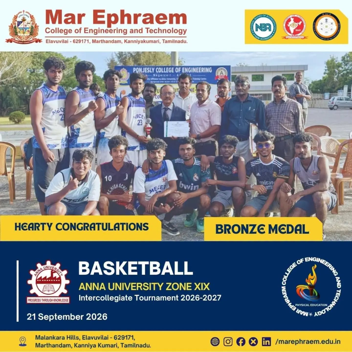 Mar Ephraem Basketball Team for securing the Bronze Medal at the Anna University Zone XIX Intercollegiate Basketball Tournament 2026–2027
