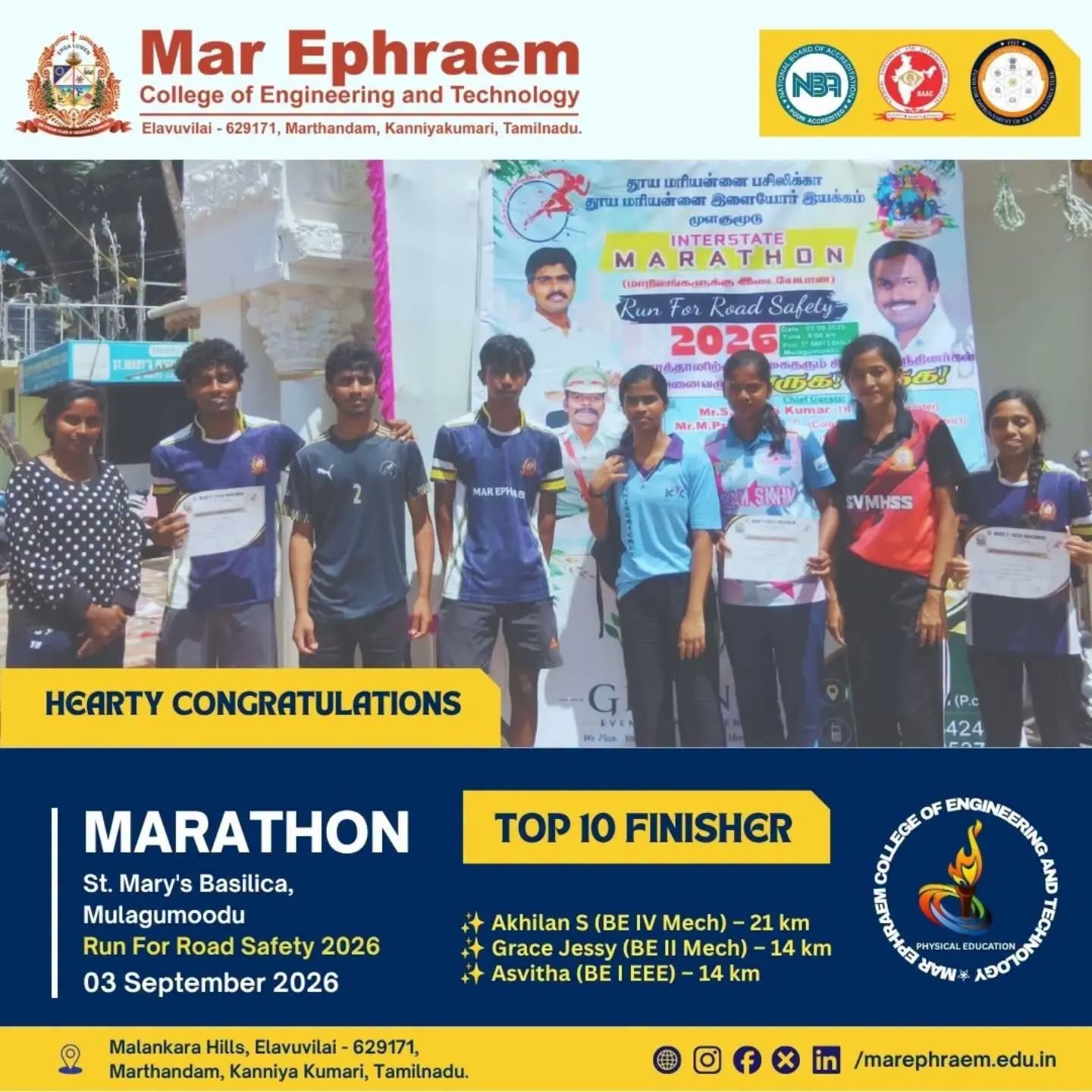 Huge congratulations to our students for successfully finishing marathon :  ? Akhilan S (BE IV Mechanical) – 21 km (Super Senior Category)  ? Grace Jessy (BE II Mechanical